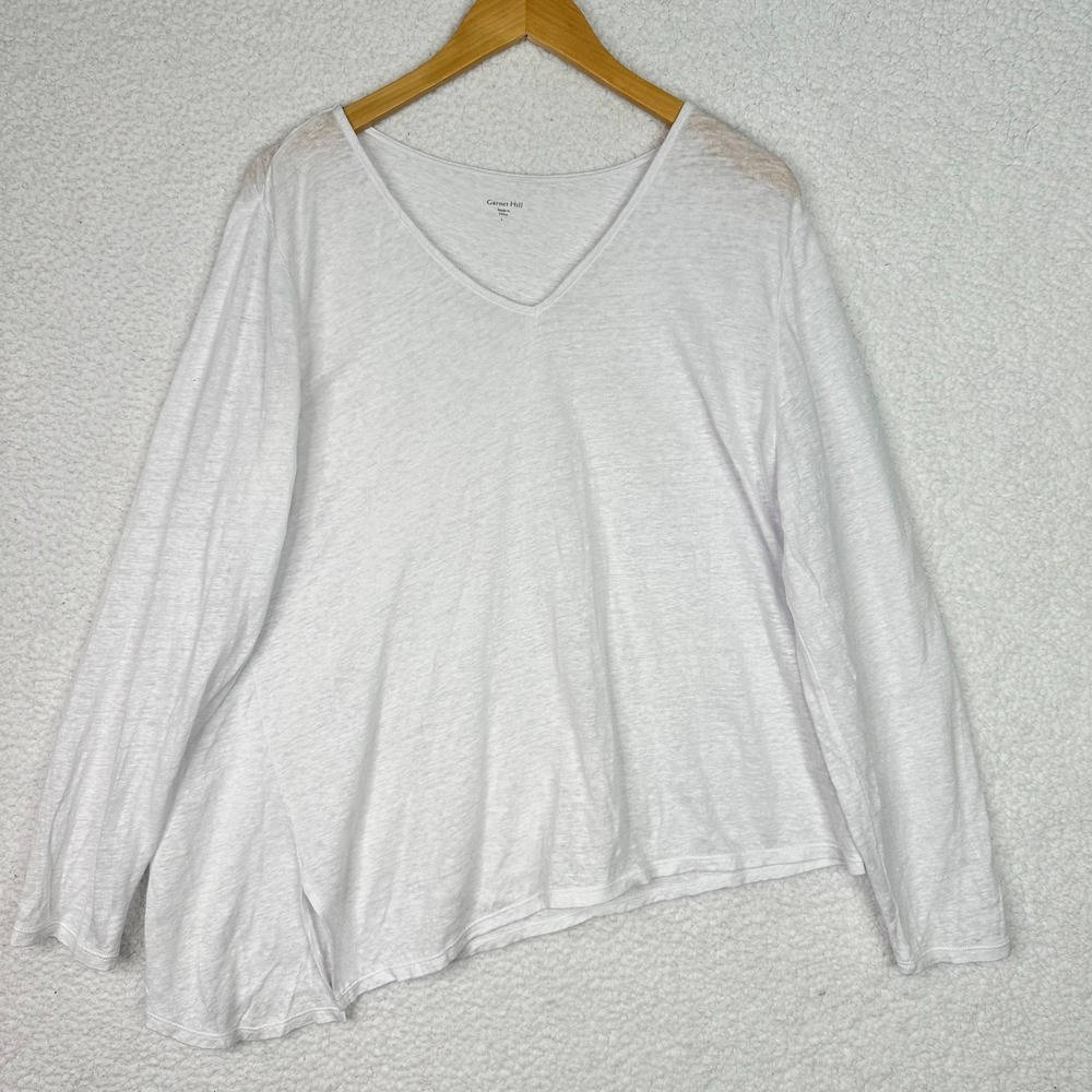 Garnet Hill Organic Linen Blouse Womens Large White V-Neck Asymmetrical Hem